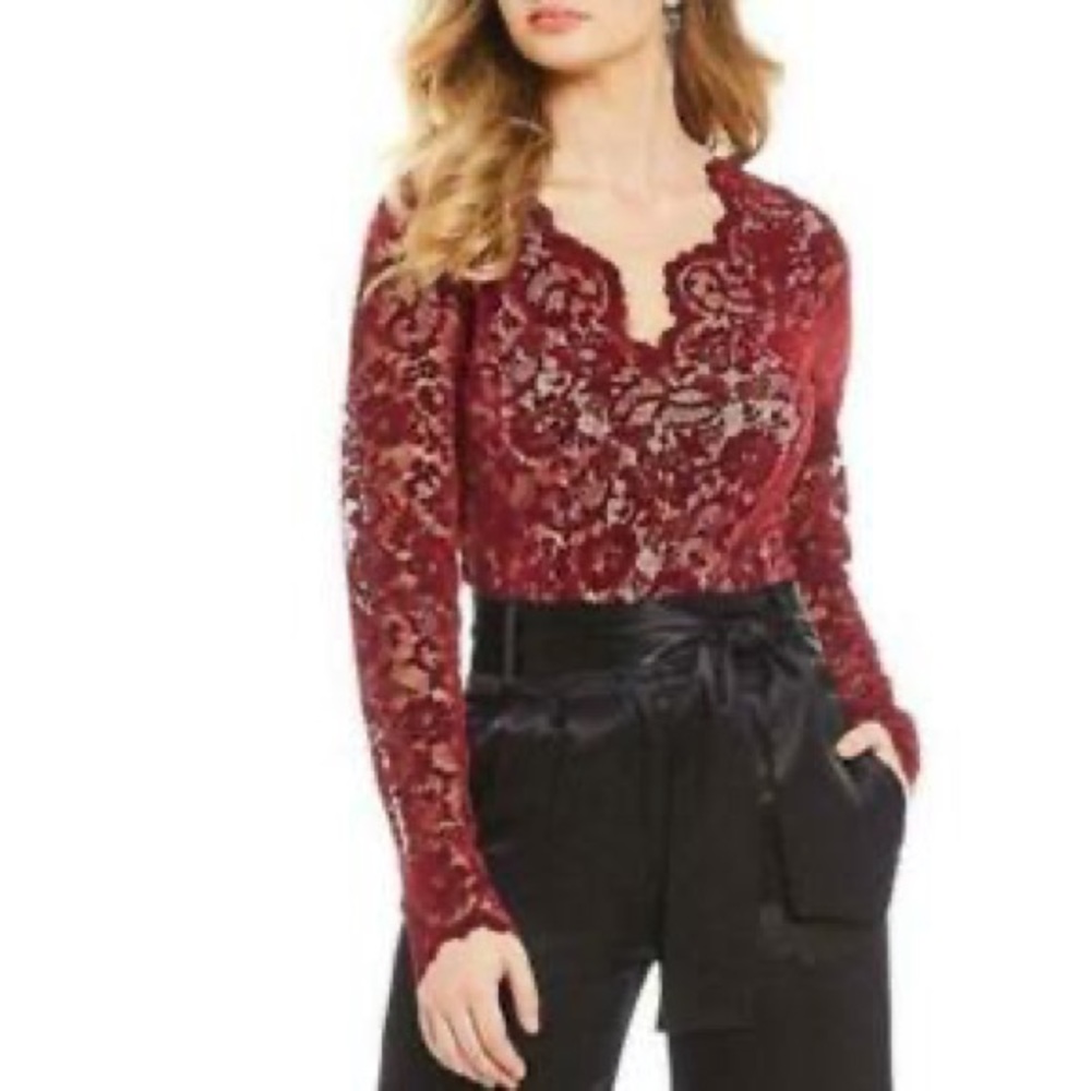 Gianni Bini Lace Bodysuit Bayle Knit Bordeaux XS
